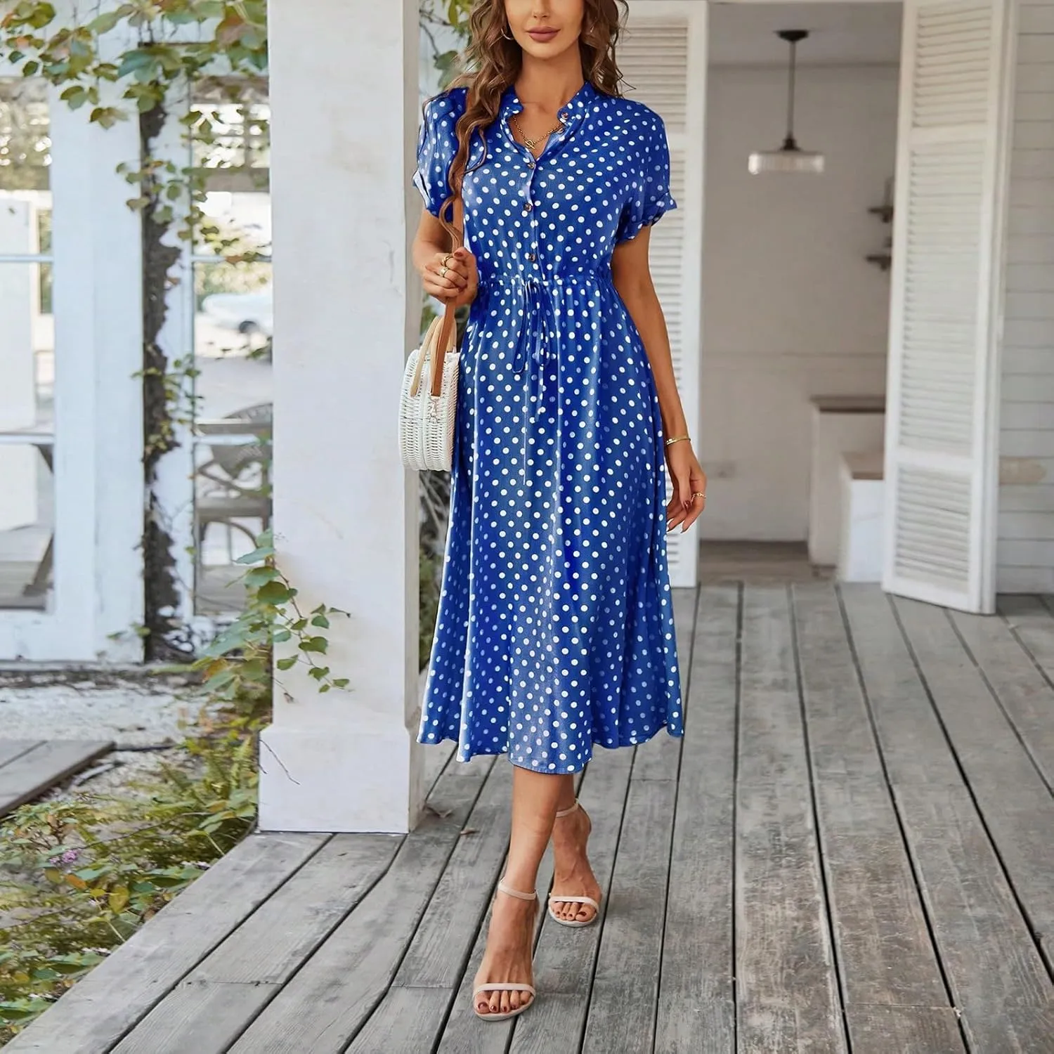 Short Sleeve Dress for Women V Neck Polka dot Button Midi Dresses Elastic Waist Summer Dressy Casual Work Dresses