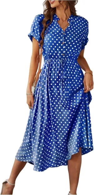 Short Sleeve Dress for Women V Neck Polka dot Button Midi Dresses Elastic Waist Summer Dressy Casual Work Dresses