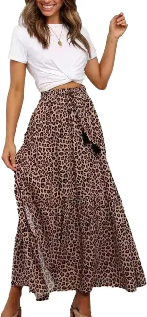 Skirts for Women Summer Casual Elastic High Waist Pleated A Line Midi Skirt Boho Floral Print Long Flowy Skirt