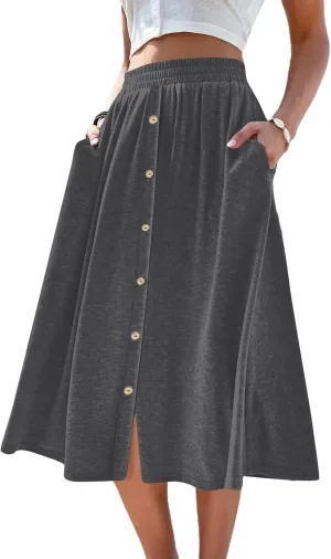 SOFIA'S CHOICE Button Front Skirts for Women Flared Flowy A Line Midi Skirt with Pockets