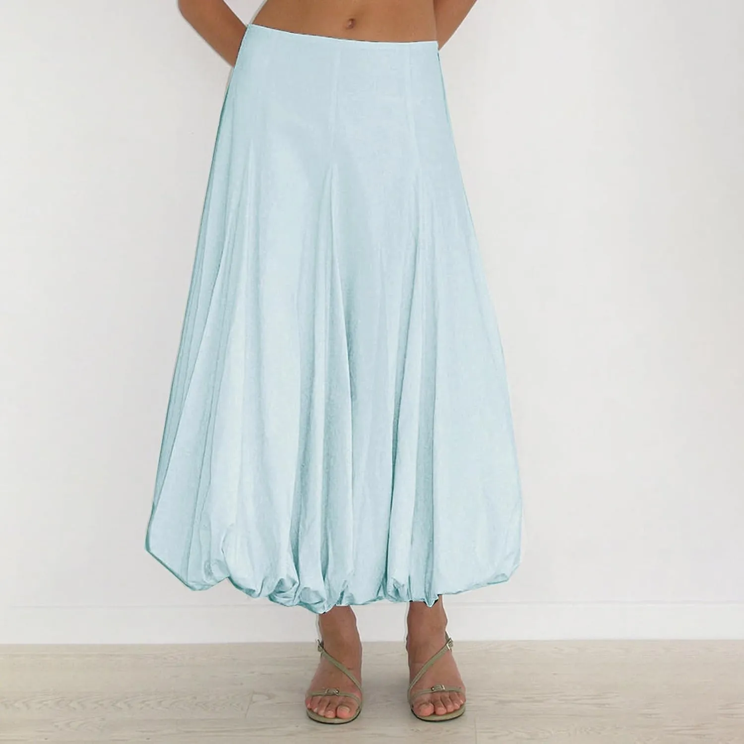 SOLILOQUY Women's Balloon Long Skirt Y2k Low Waist Solid Color A-Line Pleated Bubble Maxi Skirt Casual Puff Flowy Skirts