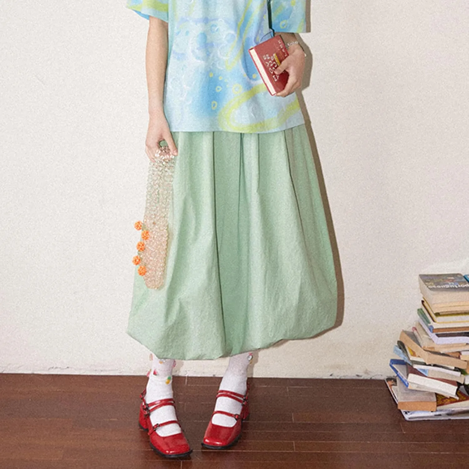 SOLILOQUY Women's Balloon Long Skirt Y2k Low Waist Solid Color A-Line Pleated Bubble Maxi Skirt Casual Puff Flowy Skirts