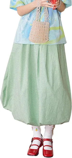 SOLILOQUY Women's Balloon Long Skirt Y2k Low Waist Solid Color A-Line Pleated Bubble Maxi Skirt Casual Puff Flowy Skirts