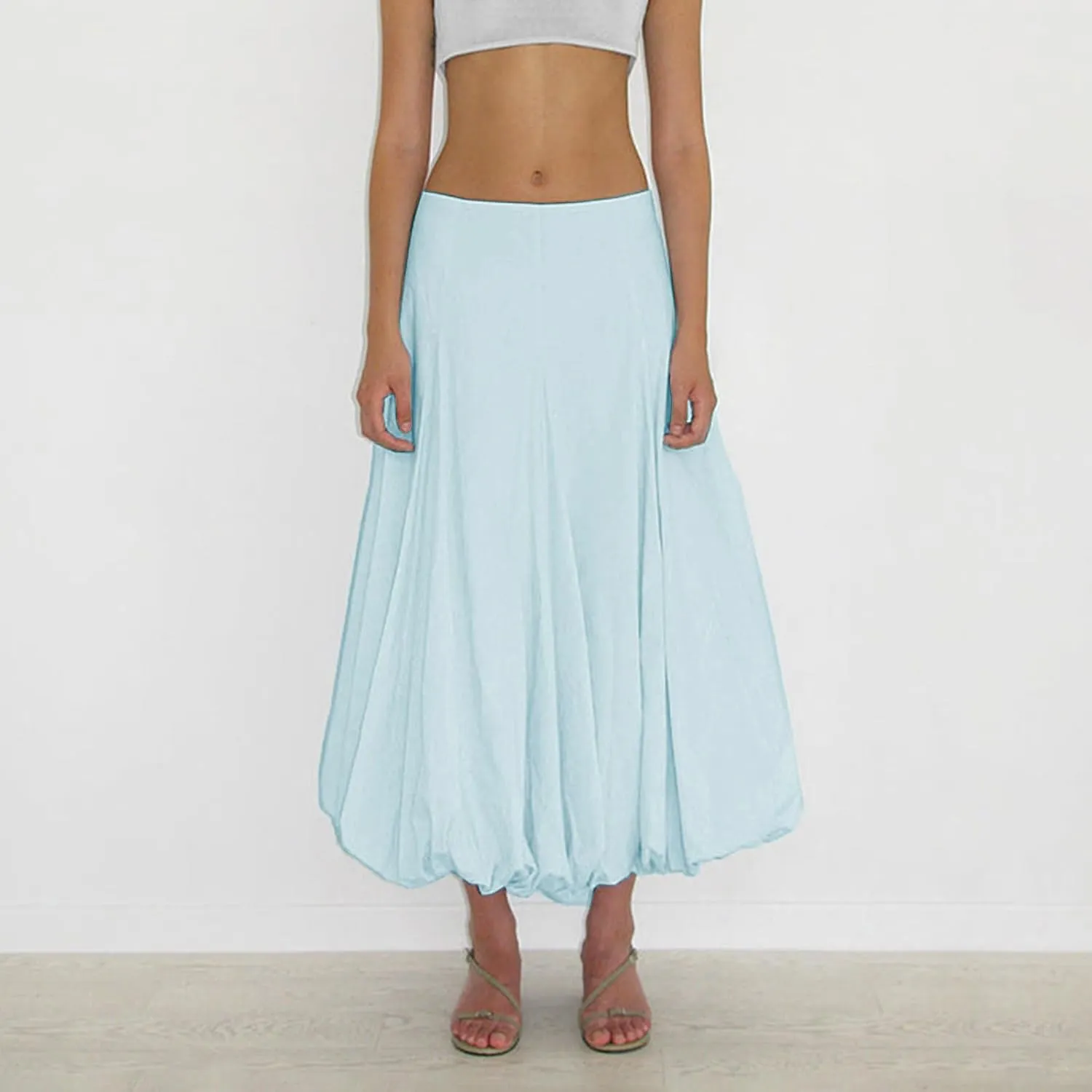 SOLILOQUY Women's Balloon Long Skirt Y2k Low Waist Solid Color A-Line Pleated Bubble Maxi Skirt Casual Puff Flowy Skirts