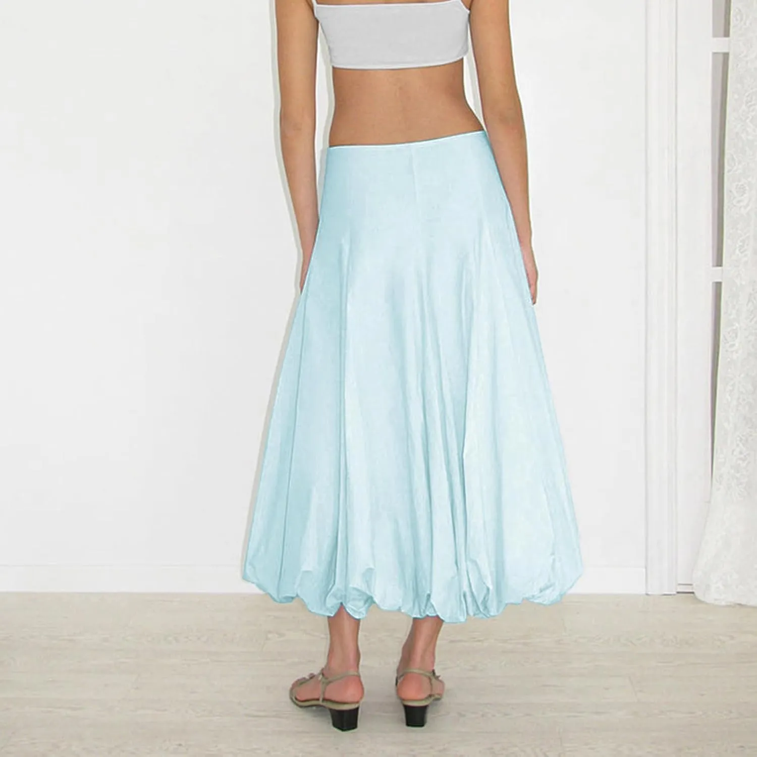 SOLILOQUY Women's Balloon Long Skirt Y2k Low Waist Solid Color A-Line Pleated Bubble Maxi Skirt Casual Puff Flowy Skirts
