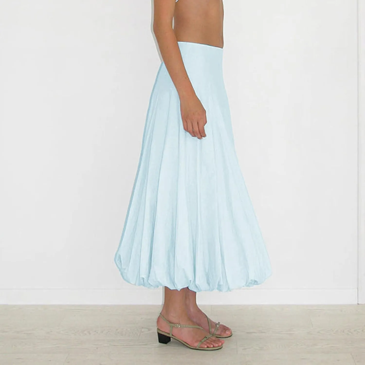 SOLILOQUY Women's Balloon Long Skirt Y2k Low Waist Solid Color A-Line Pleated Bubble Maxi Skirt Casual Puff Flowy Skirts