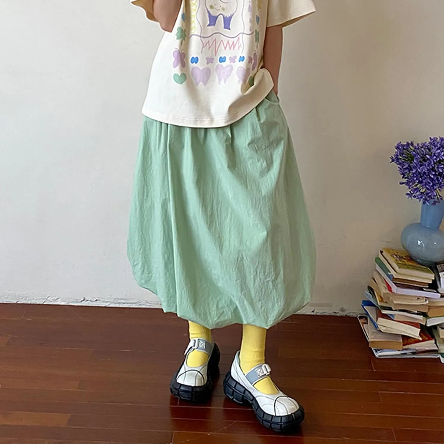 SOLILOQUY Women's Balloon Long Skirt Y2k Low Waist Solid Color A-Line Pleated Bubble Maxi Skirt Casual Puff Flowy Skirts
