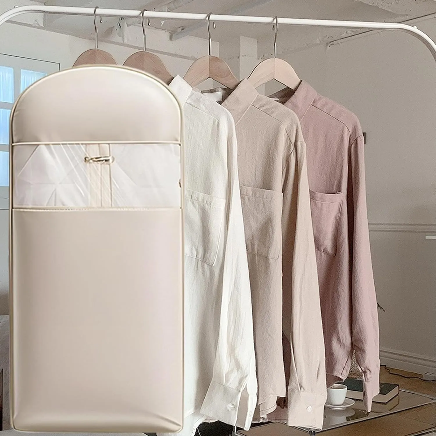 Space Saving Hanging Garment Bag, Coat Dust Cover, Suit Cover Bag, Closet Organizer With Se-lf Compression Zipper, Hangable Clothes Storage Bag For Jacket, Shirt