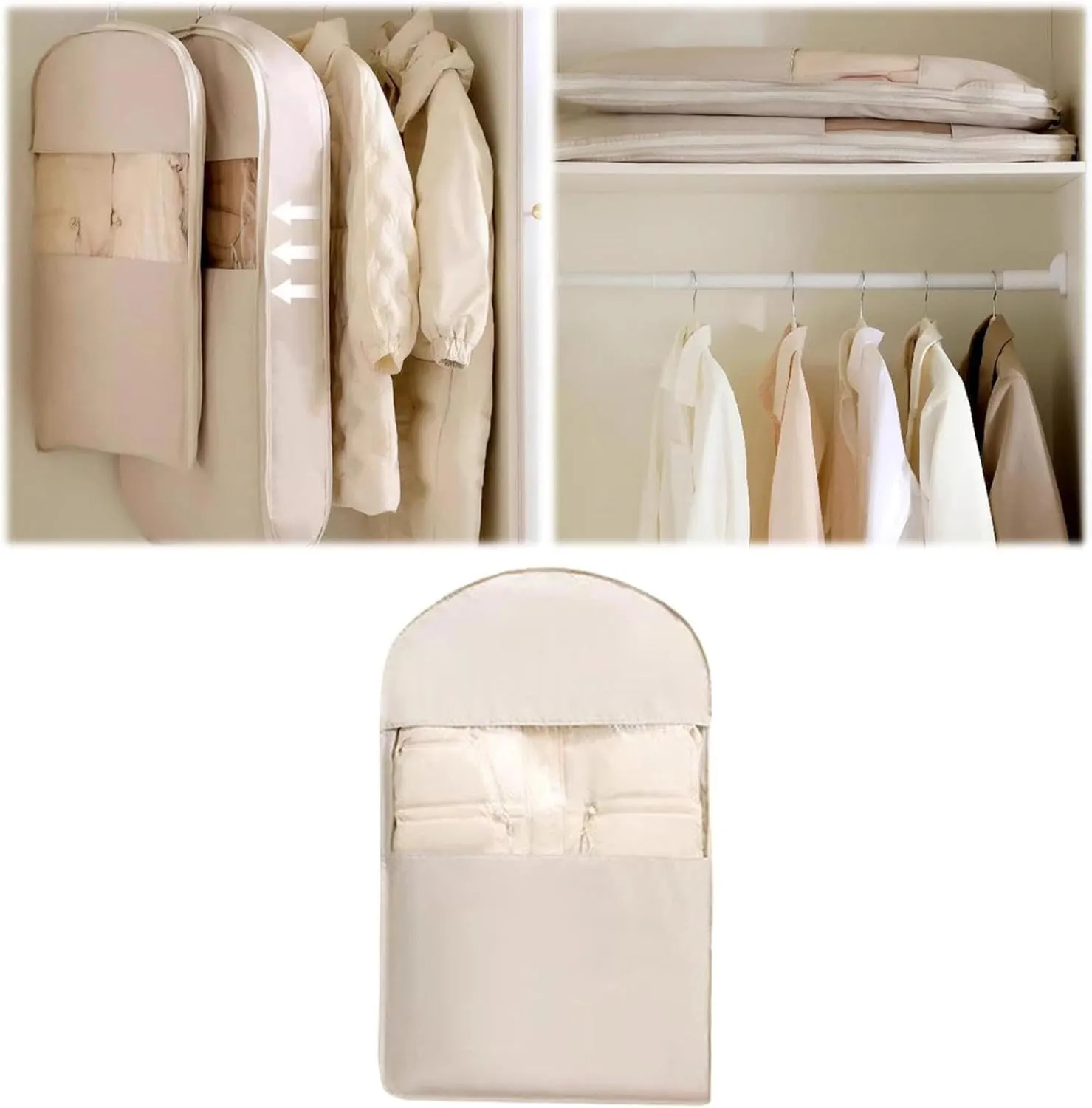 Space Saving Hanging Garment Bag  Self Compression Zipper, 3 Sizes, Waterproof Closet Organizer for Coats, Jackets, Suits Dustproof & Wrinkle-Free Storage (Beige, Medium)