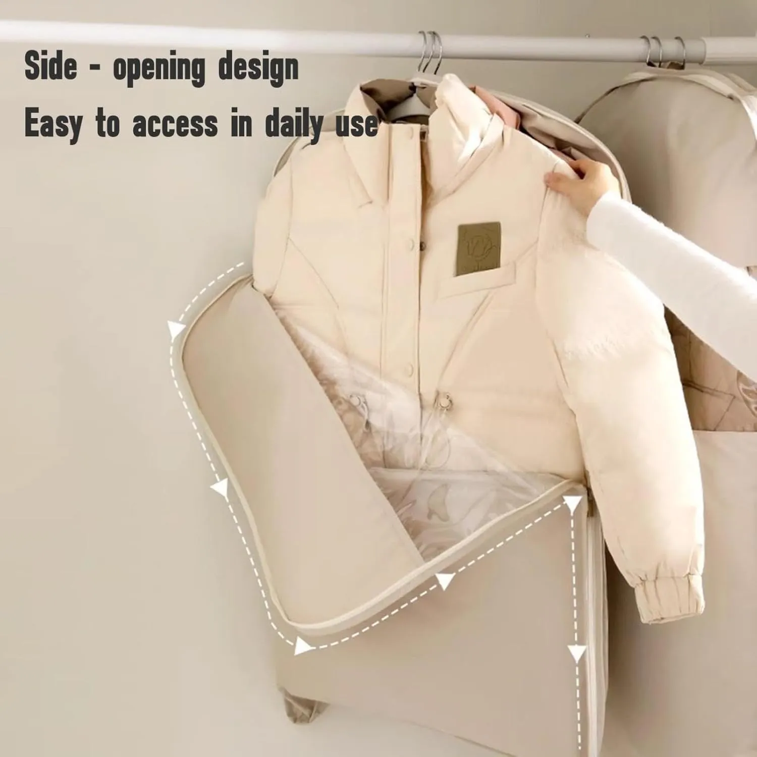 Space Saving Hanging Garment Bag  Self Compression Zipper, 3 Sizes, Waterproof Closet Organizer for Coats, Jackets, Suits Dustproof & Wrinkle-Free Storage (Beige, Medium)