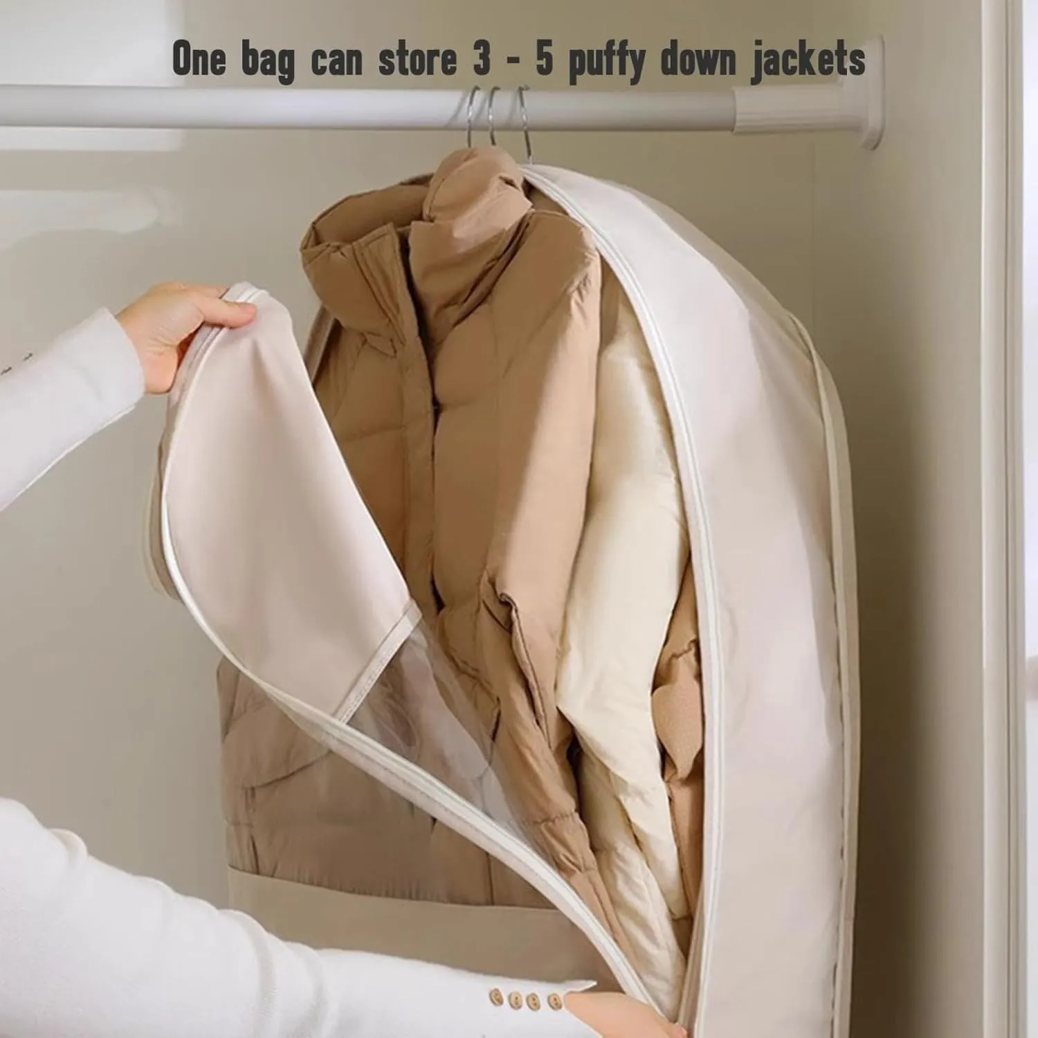 Space Saving Hanging Garment Bag  Self Compression Zipper, 3 Sizes, Waterproof Closet Organizer for Coats, Jackets, Suits Dustproof & Wrinkle-Free Storage (Beige, Medium)