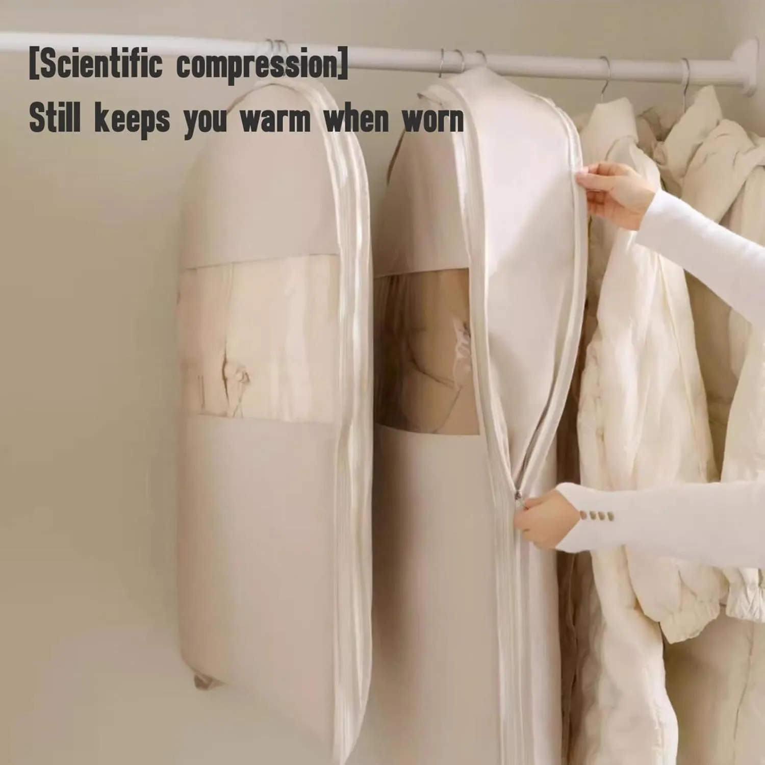 Space Saving Hanging Garment Bag  Self Compression Zipper, 3 Sizes, Waterproof Closet Organizer for Coats, Jackets, Suits Dustproof & Wrinkle-Free Storage (Beige, Medium)