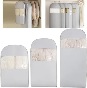 Space Saving Hanging Garment Bag with Self Compression Zipper, Down Coat Compression Dust Cover, Coat Storage Bag Hanging Space Saver for Closet Storage Organizers(Gray, 3PCS(M L XL))