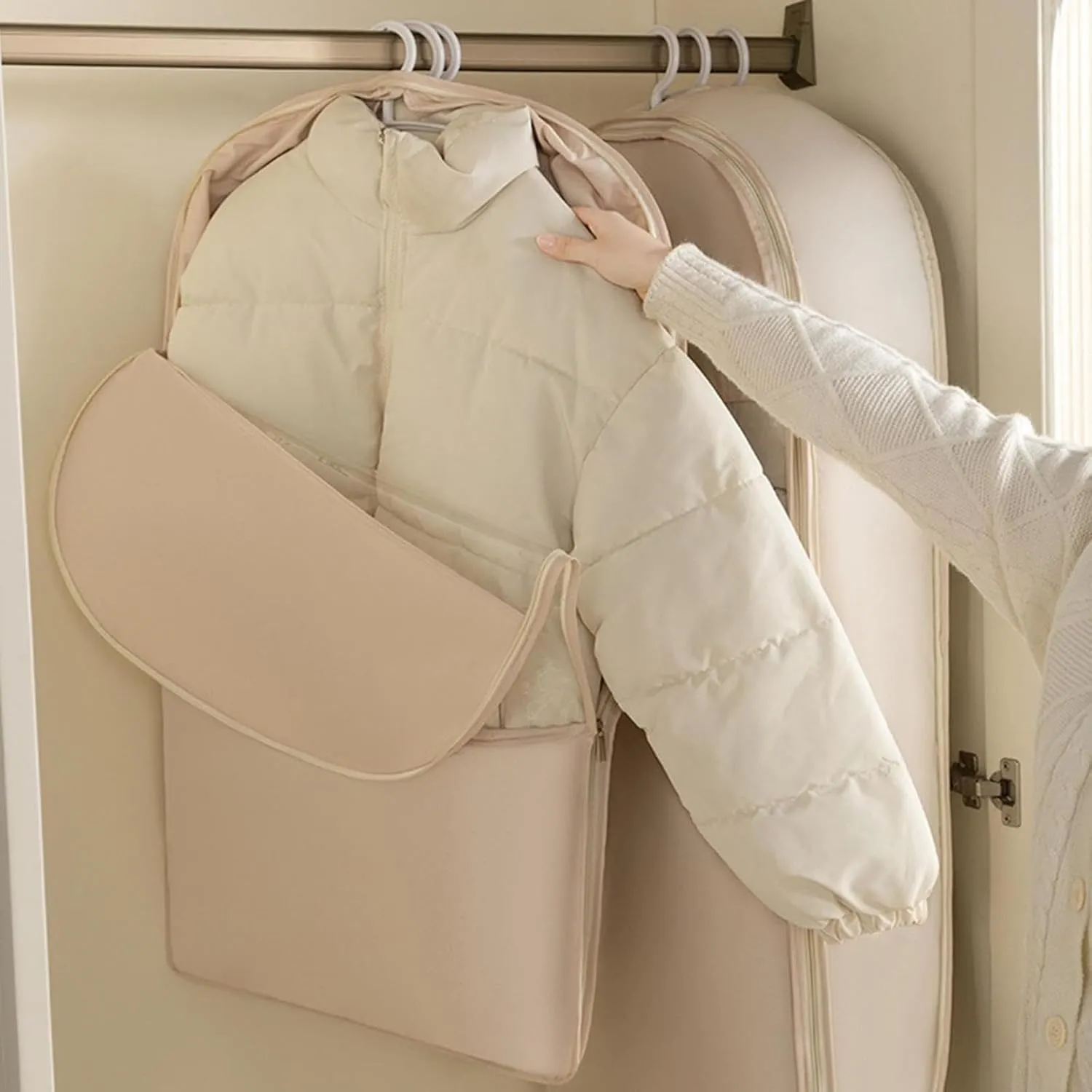 Space Saving Hanging Garment Bag with Self Compression Zipper | Dustproof Clothes Storage for Down Coats, Winter Jackets | Thick Closet Organizer Storage & Space Saver Bags