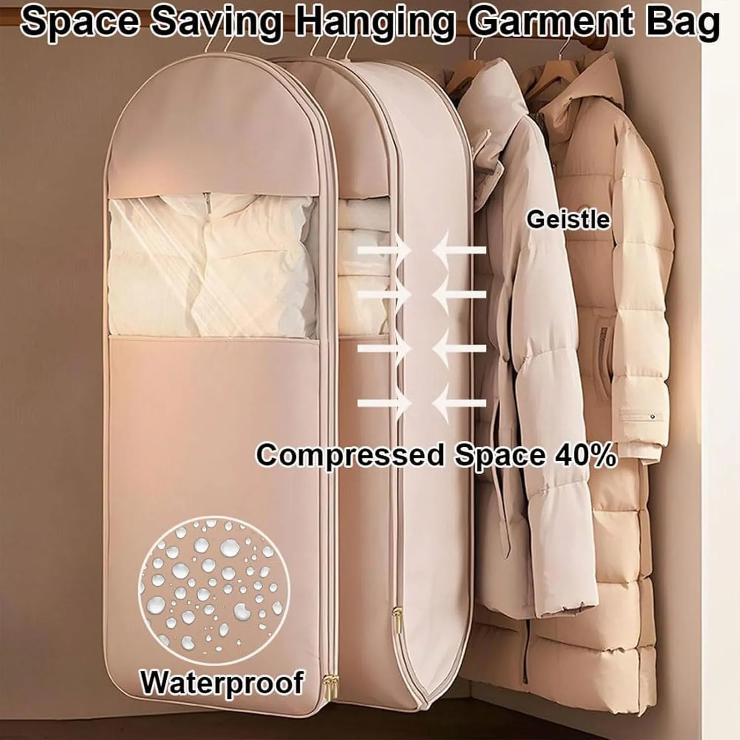 Space Saving Hanging Garment Bag with Self Compression Zipper, Garment Bags for Hanging Clothes Travel, Space Saver Closet Organizers (Pink,Large)