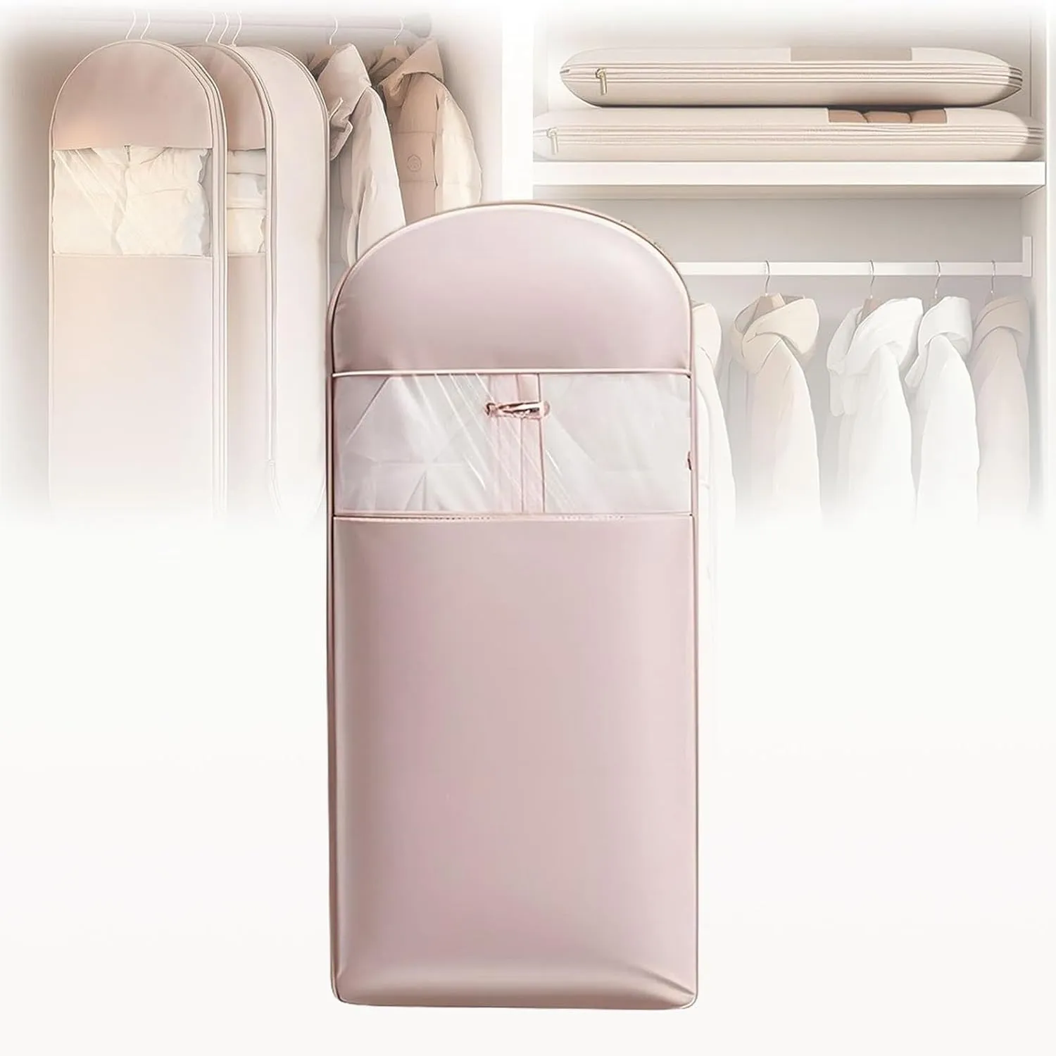 Space Saving Hanging Garment Bag with Self Compression Zipper, Garment Bags for Hanging Clothes Travel, Space Saver Closet Organizers (Pink,Large)