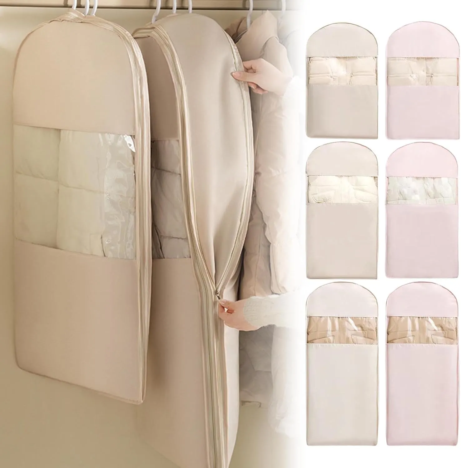 Space Saving Hanging Garment Bag with Self Compression Zipper, Peach Skin Velvet Storage Bag For Home, Dust Cover Clothes Bags for Down Coat, Space Saver Closet Organizers (Pink, S)