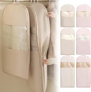 Space Saving Hanging Garment Bag with Self Compression Zipper, Peach Skin Velvet Storage Bag For Home, Dust Cover Clothes Bags for Down Coat, Space Saver Closet Organizers (Pink, S)