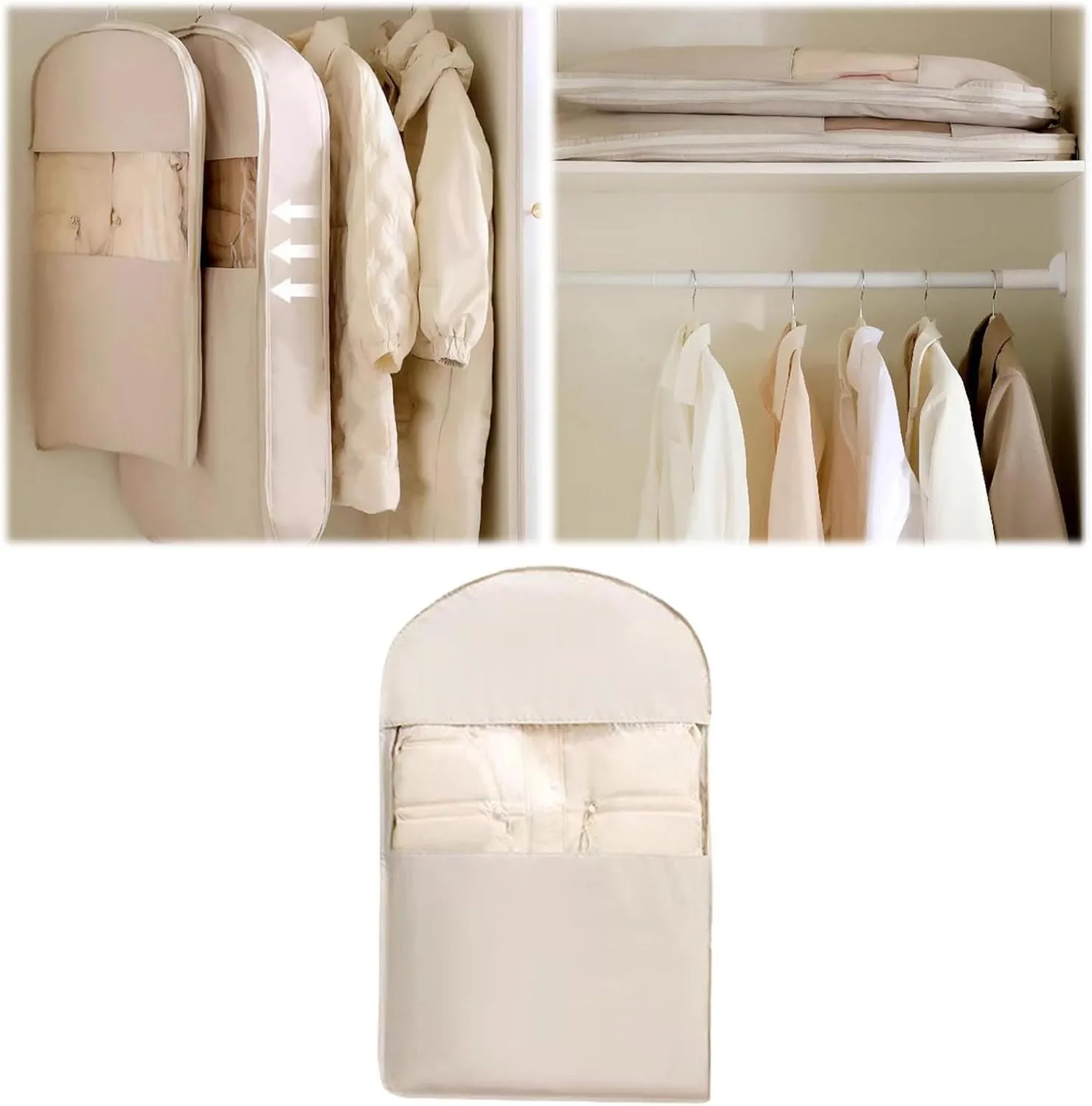Space Saving Hanging Garment Bag With Self Compression Zipper Space Saver Closet Organizers Dust Cover Clothes Bags For Down Coat Peach Skin Velvet Storage Bag For Home Garment Bags (D, 90X58X15cm)