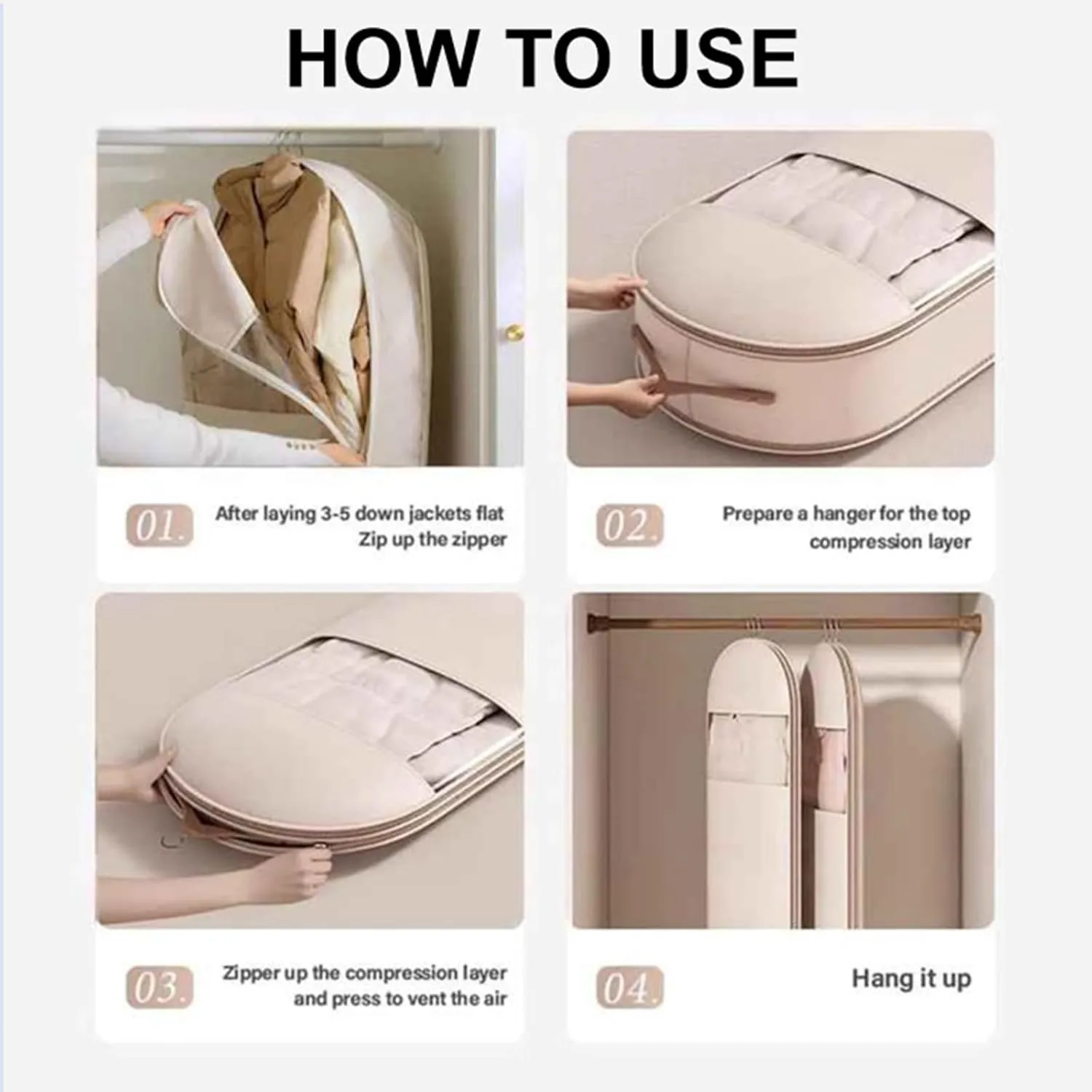 Space Saving Hanging Garment Bag with Self Compression Zipper, Space Saver Closet Organizers, Otherwise Garment Bag Dust Proof Storage, Clothes Cover Protectors for Travel Home Down Coat (Beige, L)
