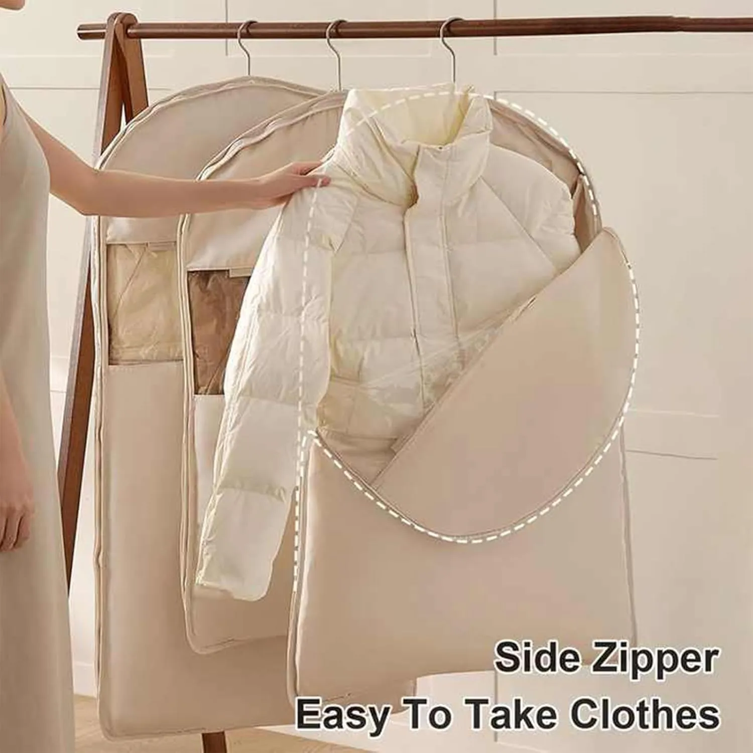 Space Saving Hanging Garment Bag with Self Compression Zipper, Space Saver Closet Organizers, Otherwise Garment Bag Dust Proof Storage, Clothes Cover Protectors for Travel Home Down Coat (Beige, L)