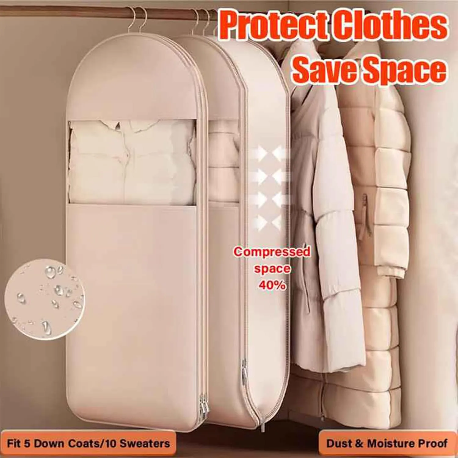Space Saving Hanging Garment Bag with Self Compression Zipper, Space Saver Closet Organizers, Otherwise Garment Bag Dust Proof Storage, Clothes Cover Protectors for Travel Home Down Coat (Beige, L)
