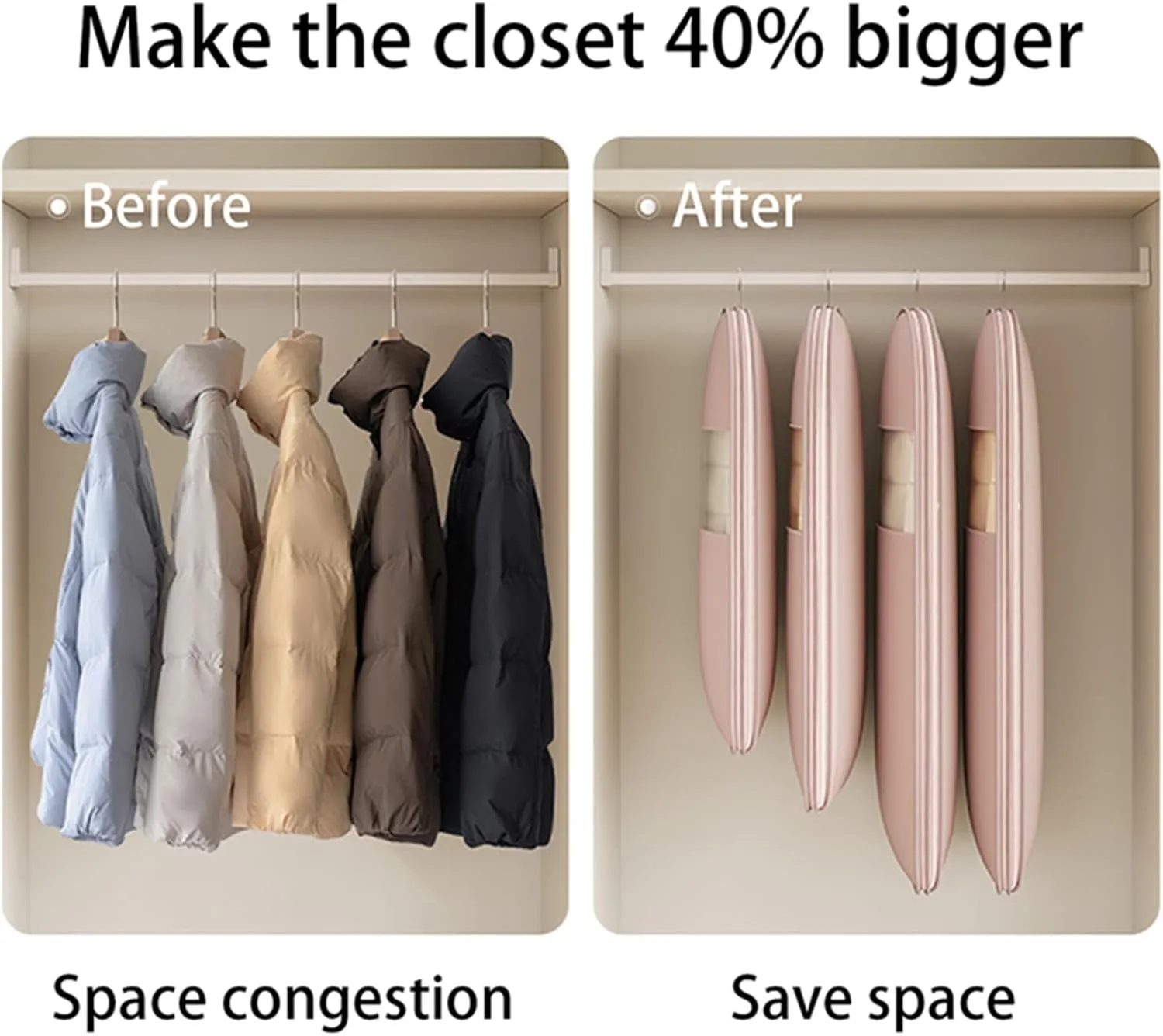 Space Saving Hanging Garment Bag with Self Compression Zipper, Space Saver Closet Organizers, Otherwise Garment Bag Dust Proof Storage, Clothes Cover Protectors for Travel Home Down Coat (Beige, L)