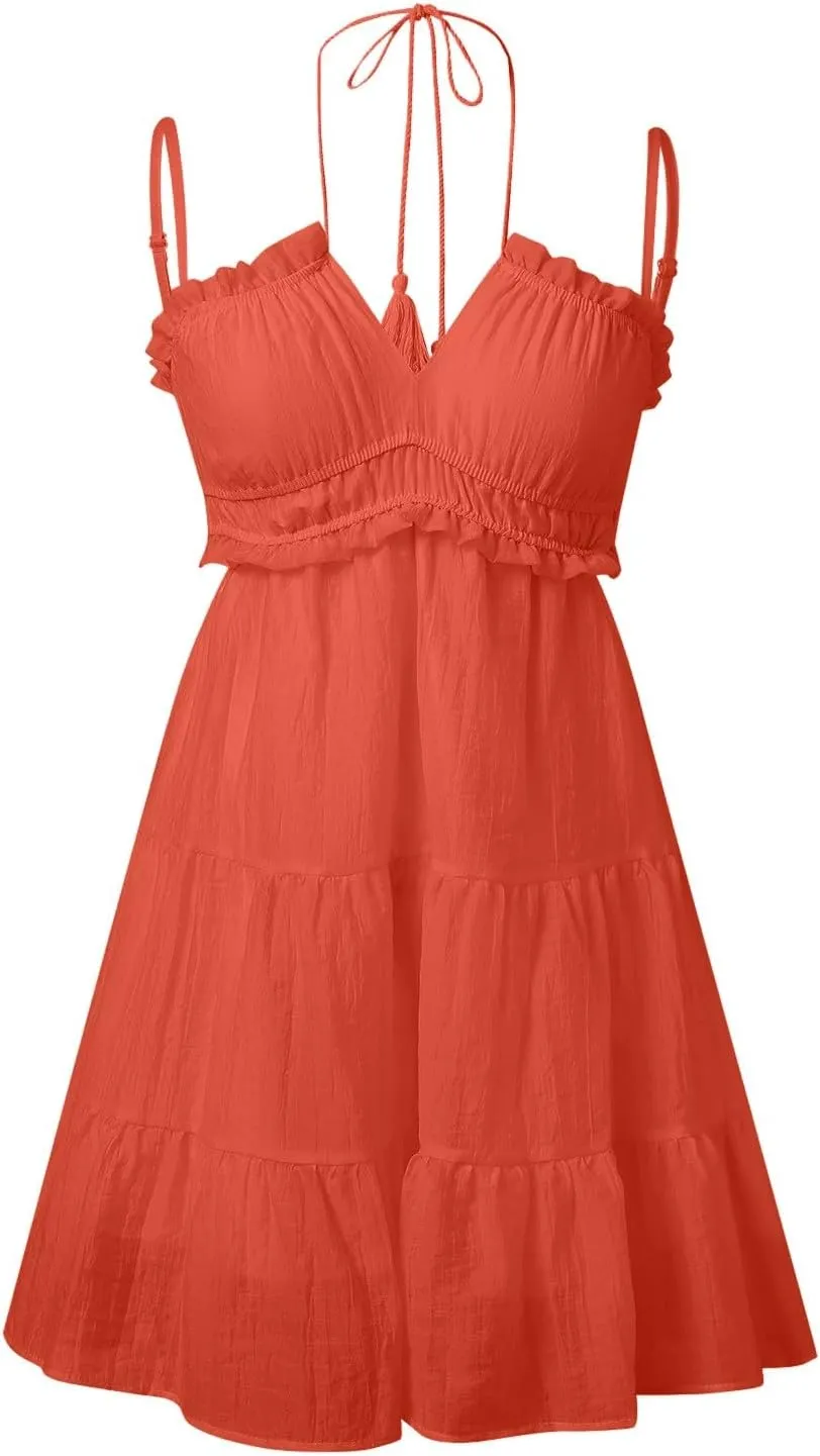 Spring Dresses for Women 2024 Plus Size 2024 Floral V Neck Tie Front Spaghetti Strap Beach Womens Tank Dress