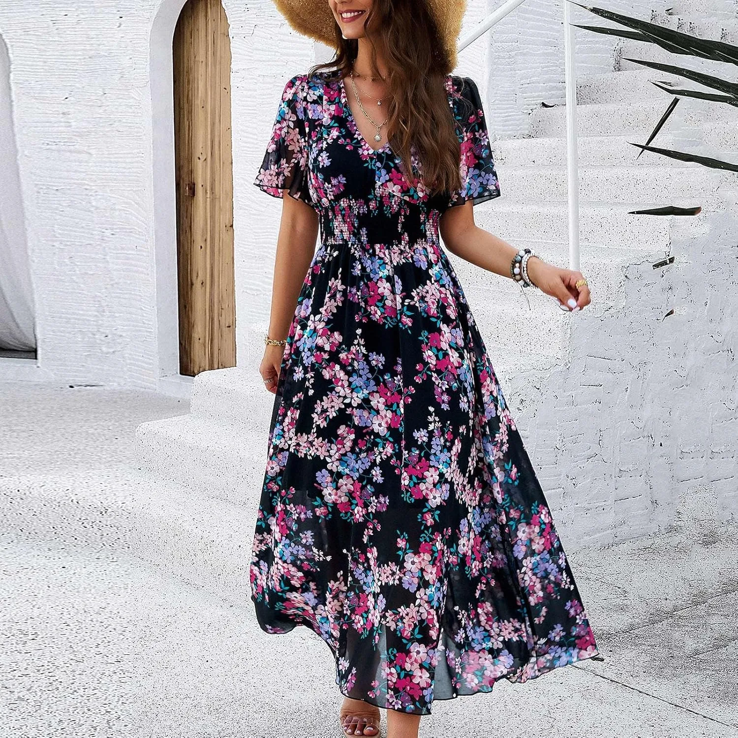 Spring Dresses for Women 2025 Summer Dresses for Women 2025 Vacation with Sleeves Floral Print