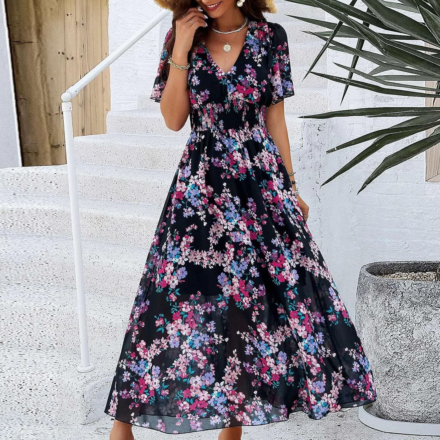Spring Dresses for Women 2025 Summer Dresses for Women 2025 Vacation with Sleeves Floral Print