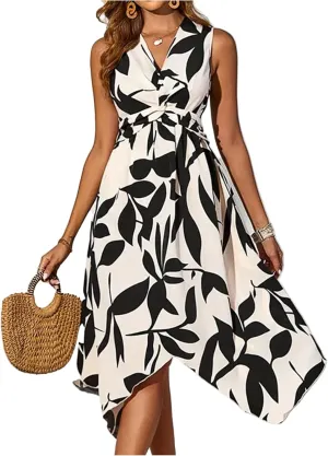 Spring Dresses for Women 2025 V Neck Halter Sleeveless Vintage Fashion Leaf Printed Twisted Asymmetrical Ladies Sundress