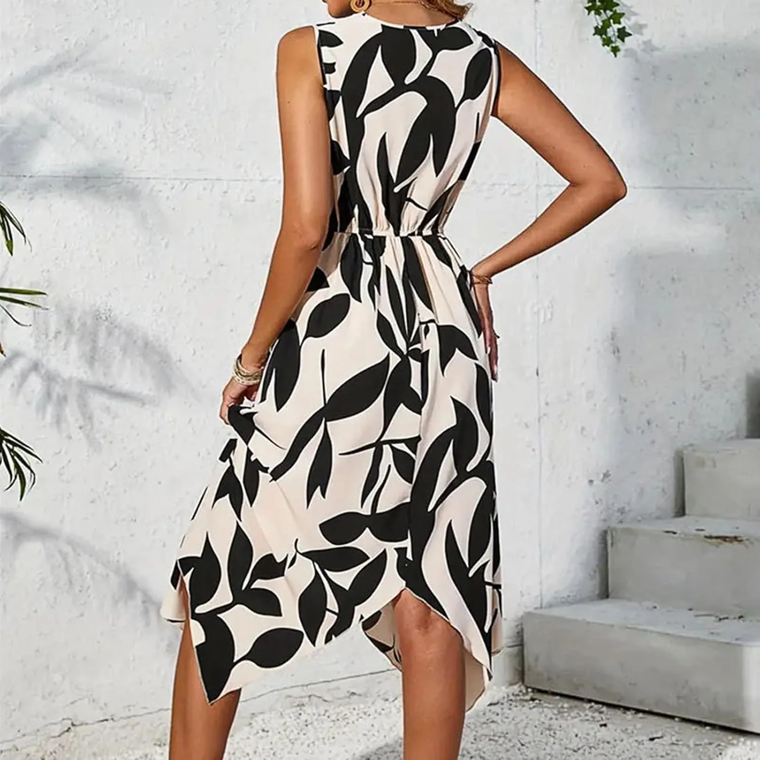 Spring Dresses for Women 2025 V Neck Halter Sleeveless Vintage Fashion Leaf Printed Twisted Asymmetrical Ladies Sundress