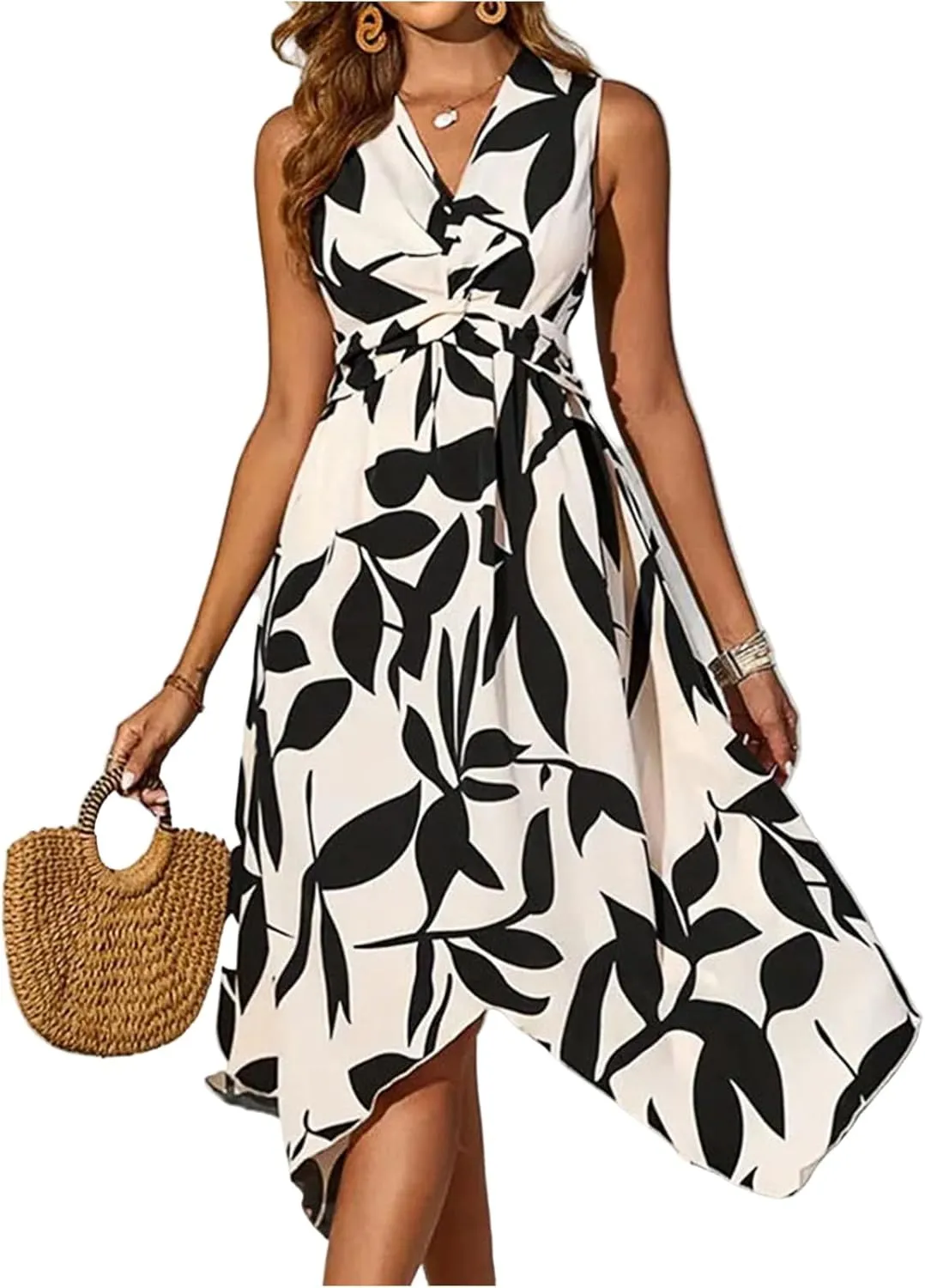 Spring Dresses for Women 2025 V Neck Halter Sleeveless Vintage Fashion Leaf Printed Twisted Asymmetrical Ladies Sundress