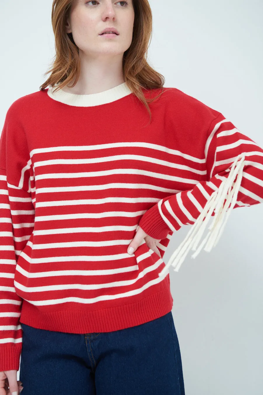 Striped fringe sleeve sweater wholesale