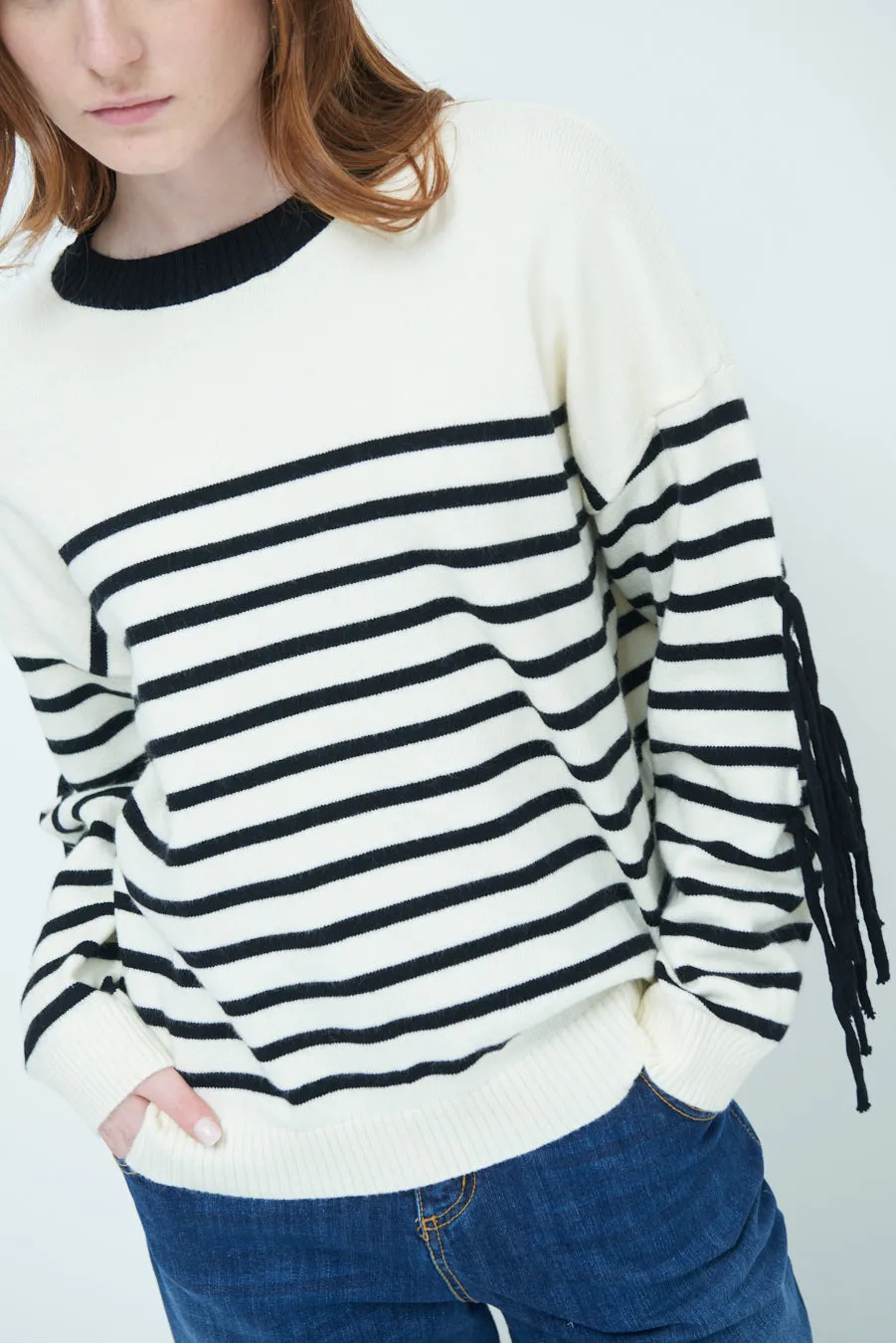 Striped fringe sleeve sweater wholesale