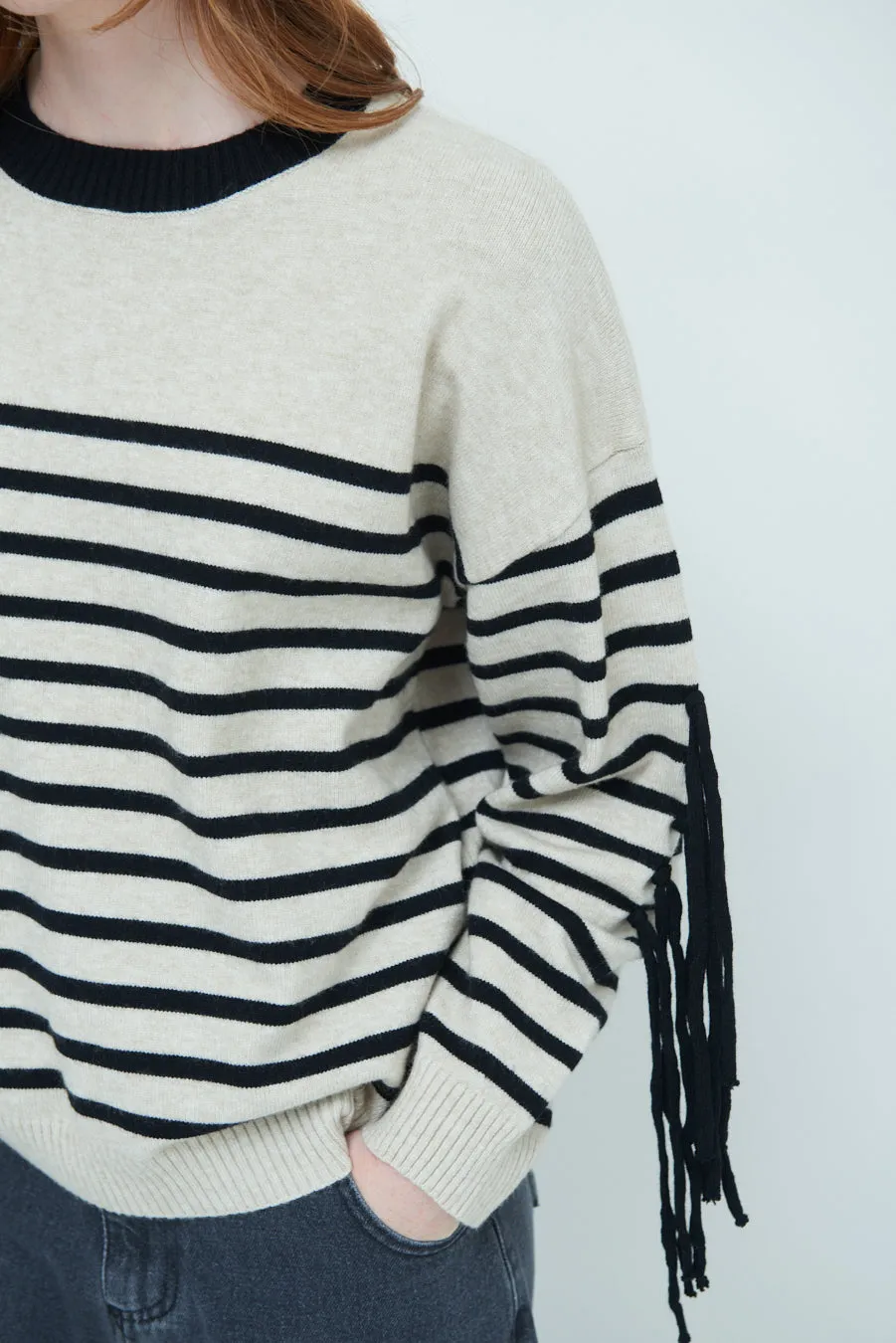 Striped fringe sleeve sweater wholesale