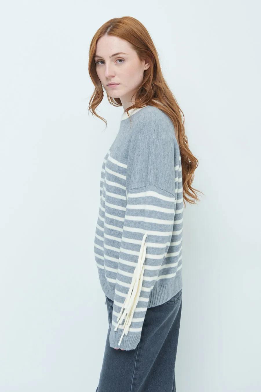 Striped fringe sleeve sweater wholesale