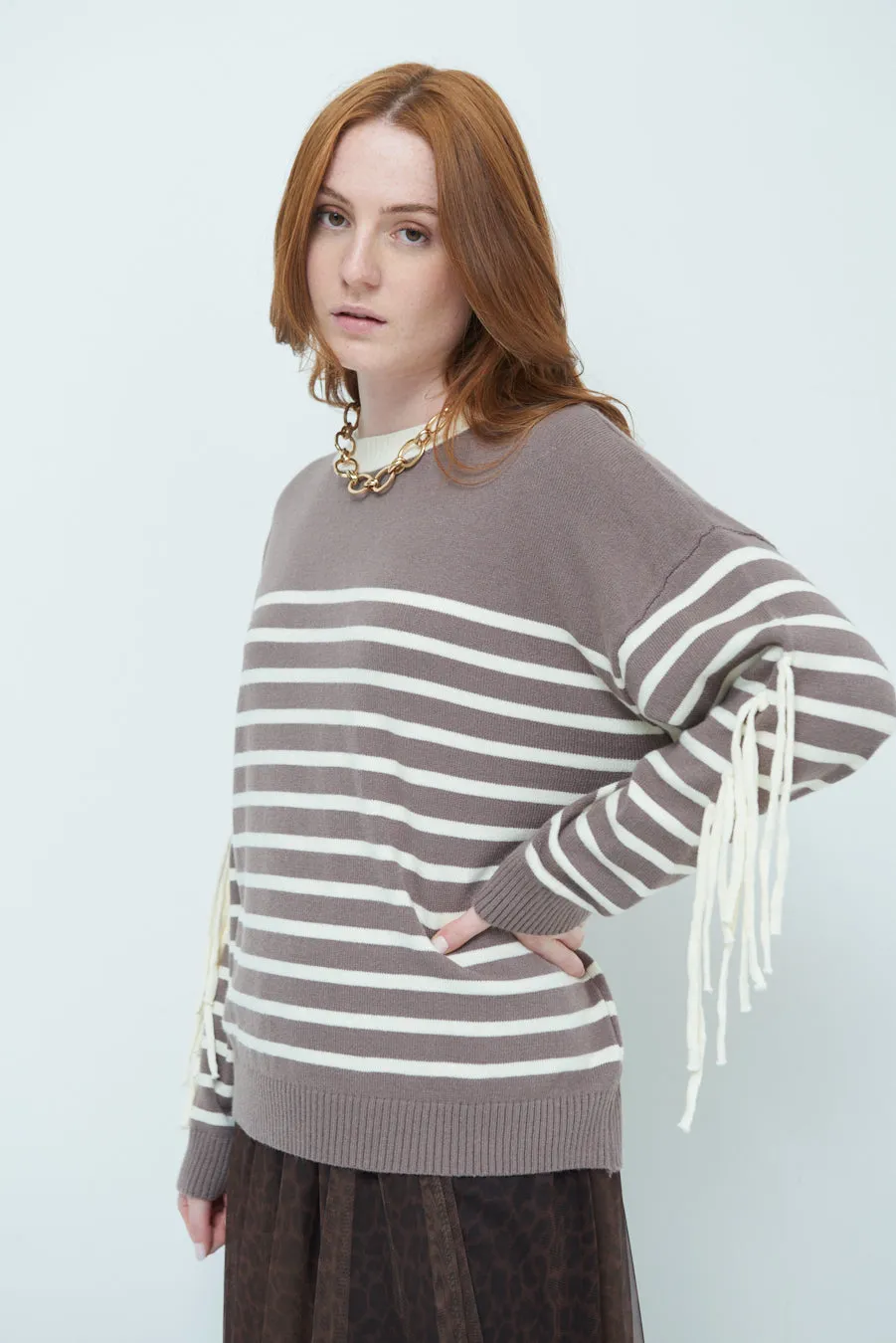 Striped fringe sleeve sweater wholesale