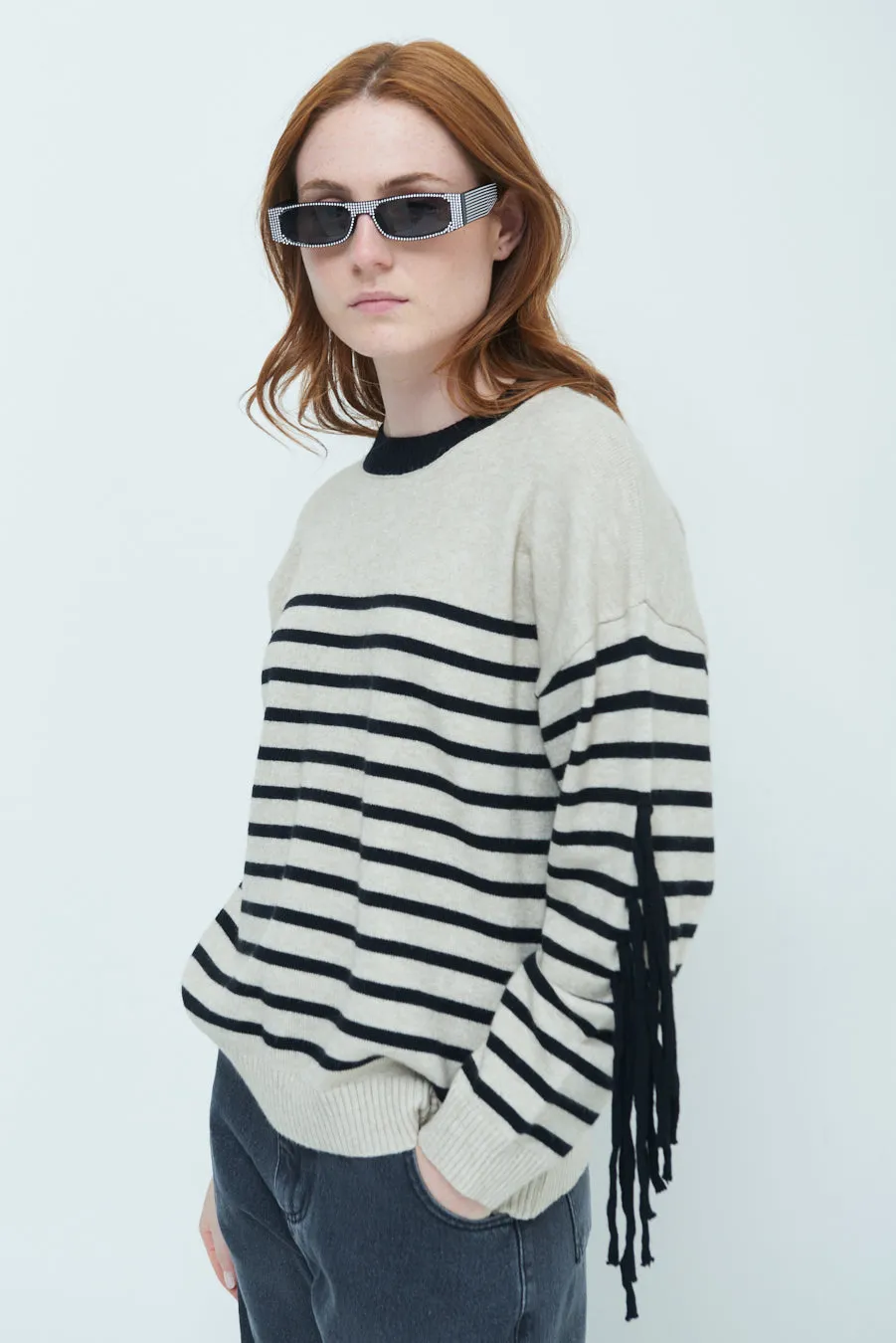 Striped fringe sleeve sweater wholesale