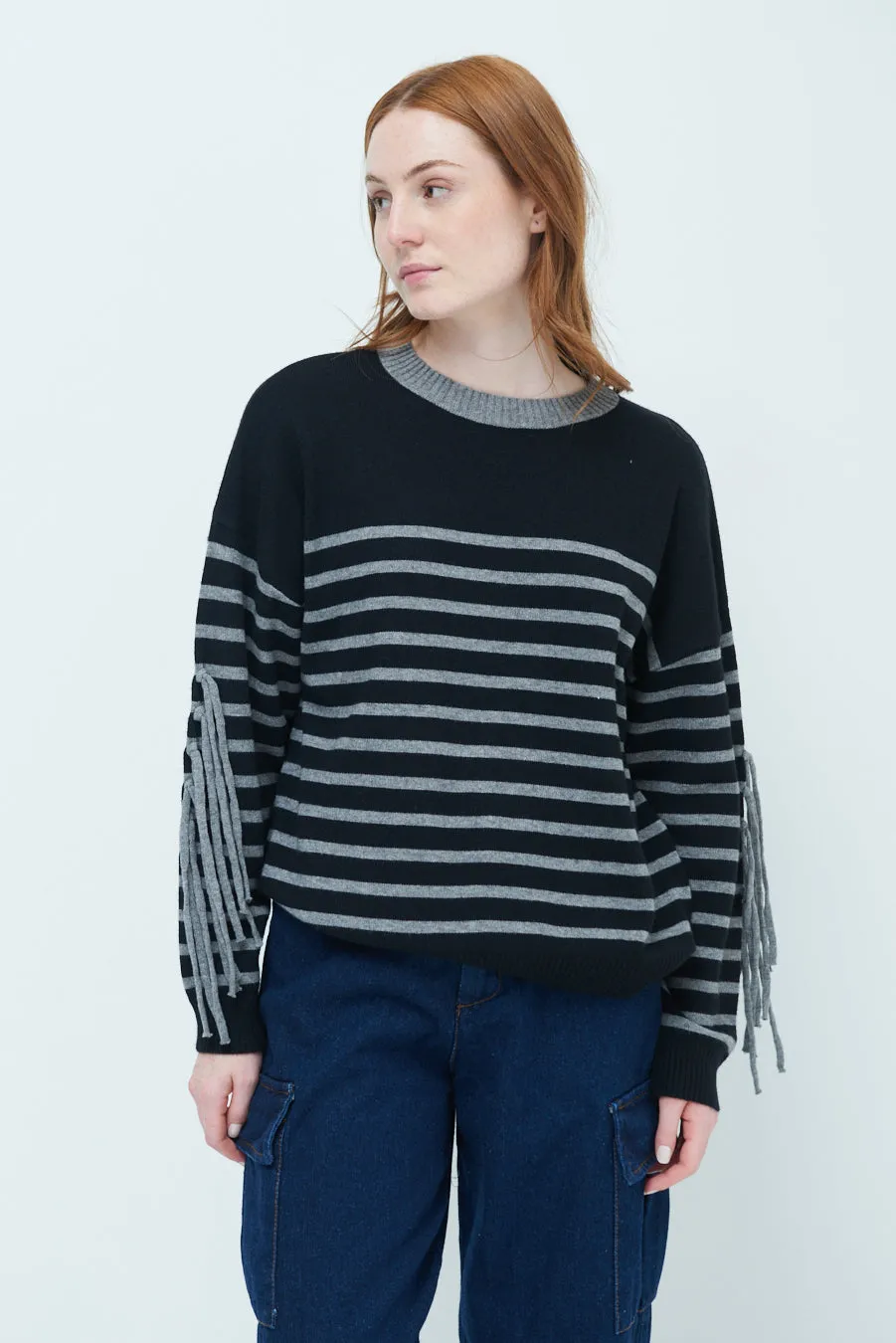 Striped fringe sleeve sweater wholesale