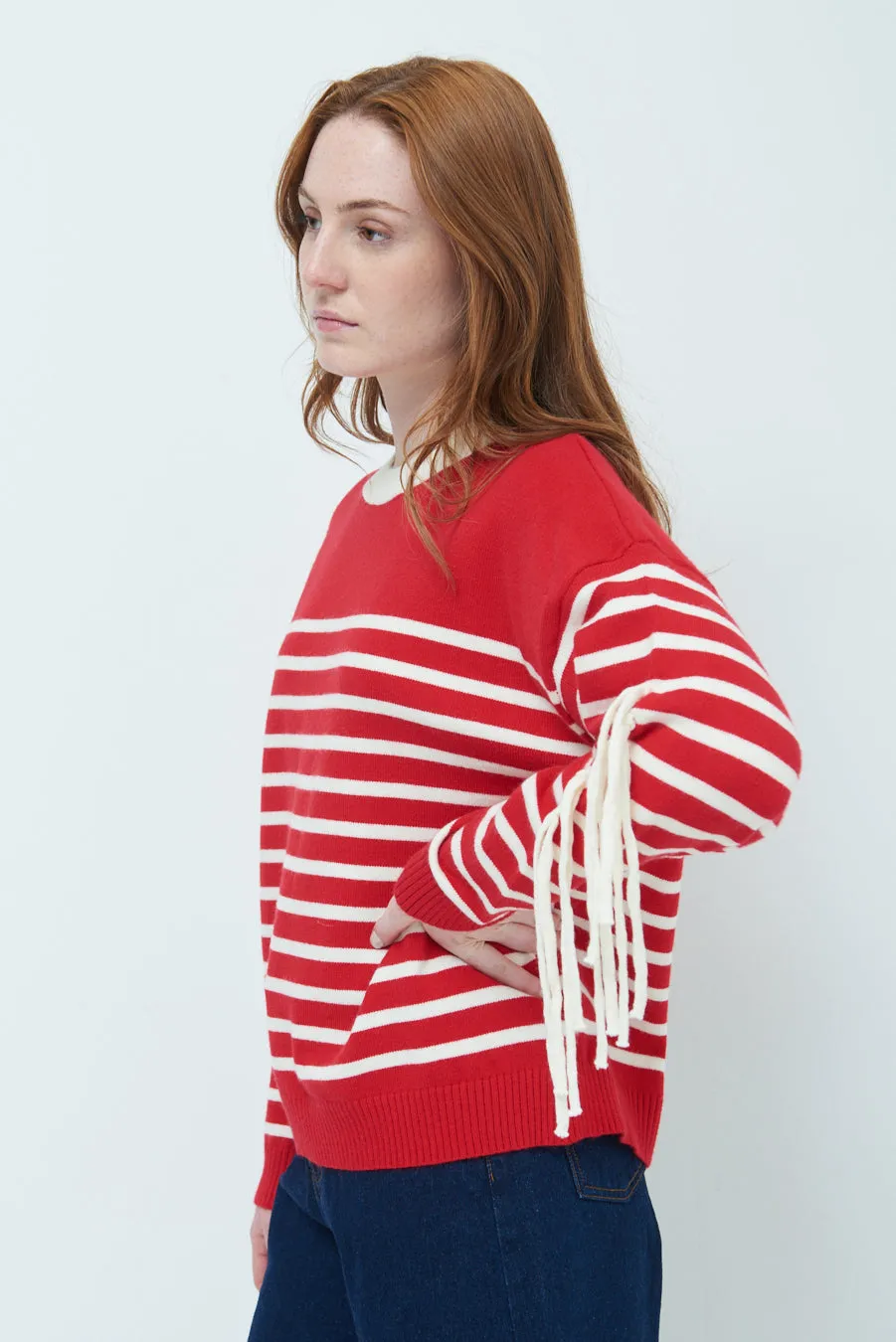 Striped fringe sleeve sweater wholesale