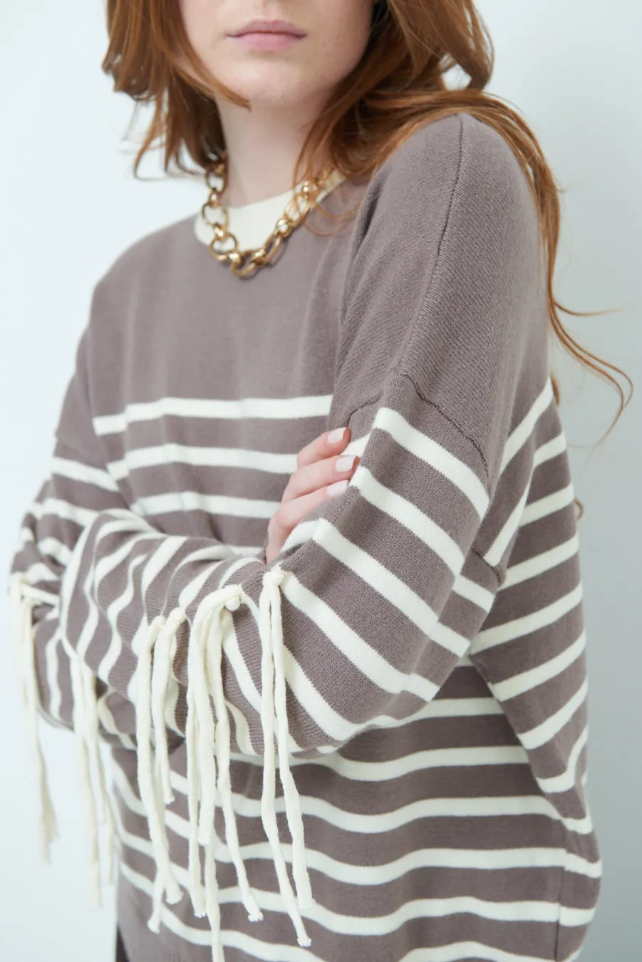 Striped fringe sleeve sweater wholesale