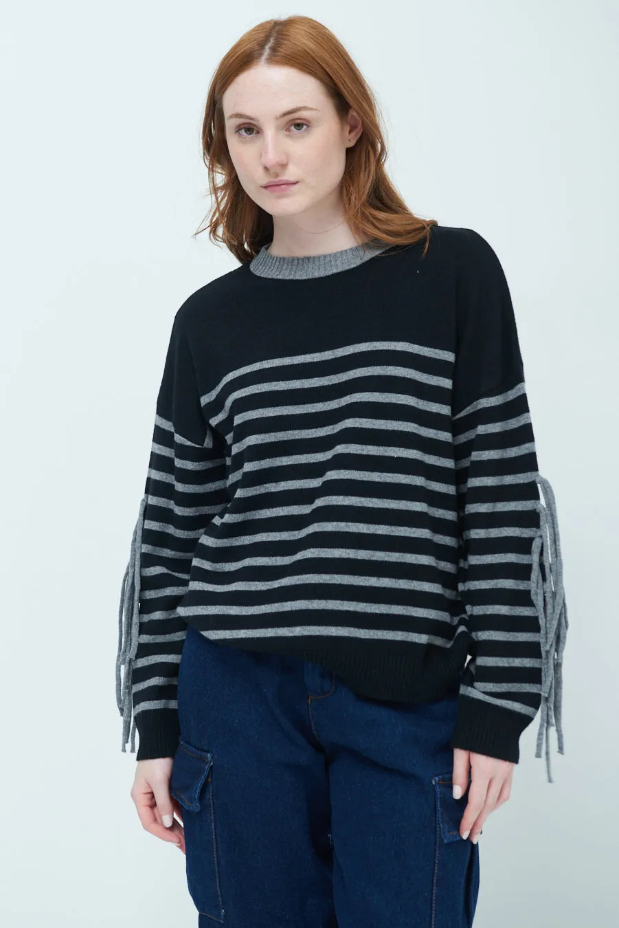 Striped fringe sleeve sweater wholesale