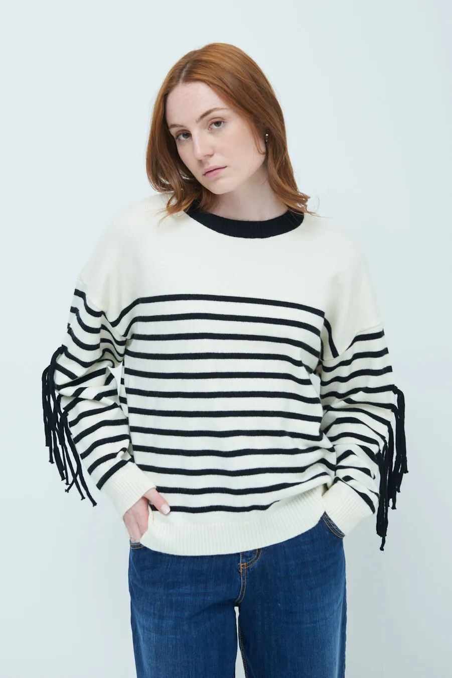 Striped fringe sleeve sweater wholesale
