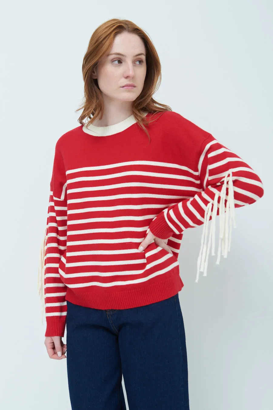 Striped fringe sleeve sweater wholesale