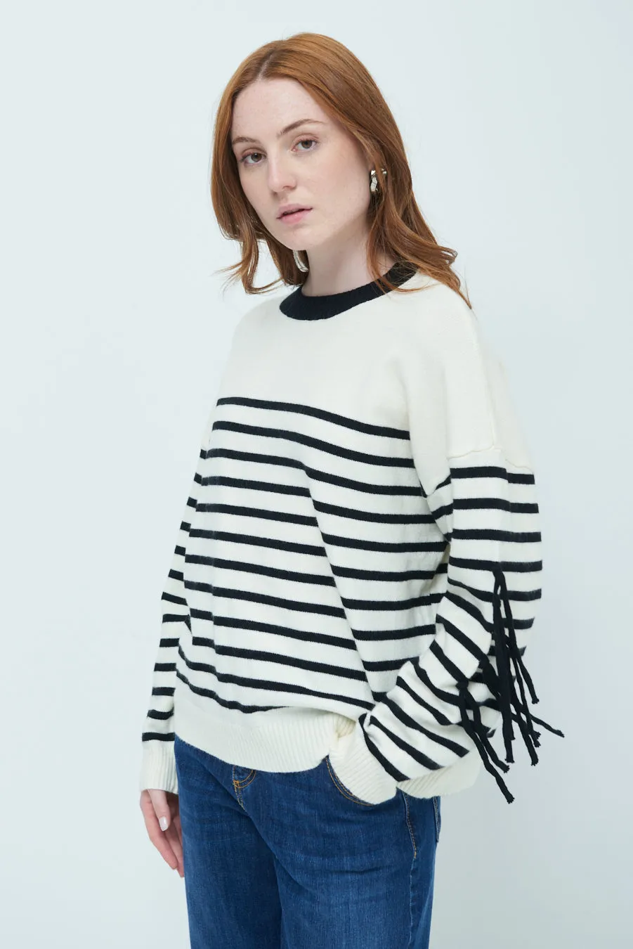 Striped fringe sleeve sweater wholesale