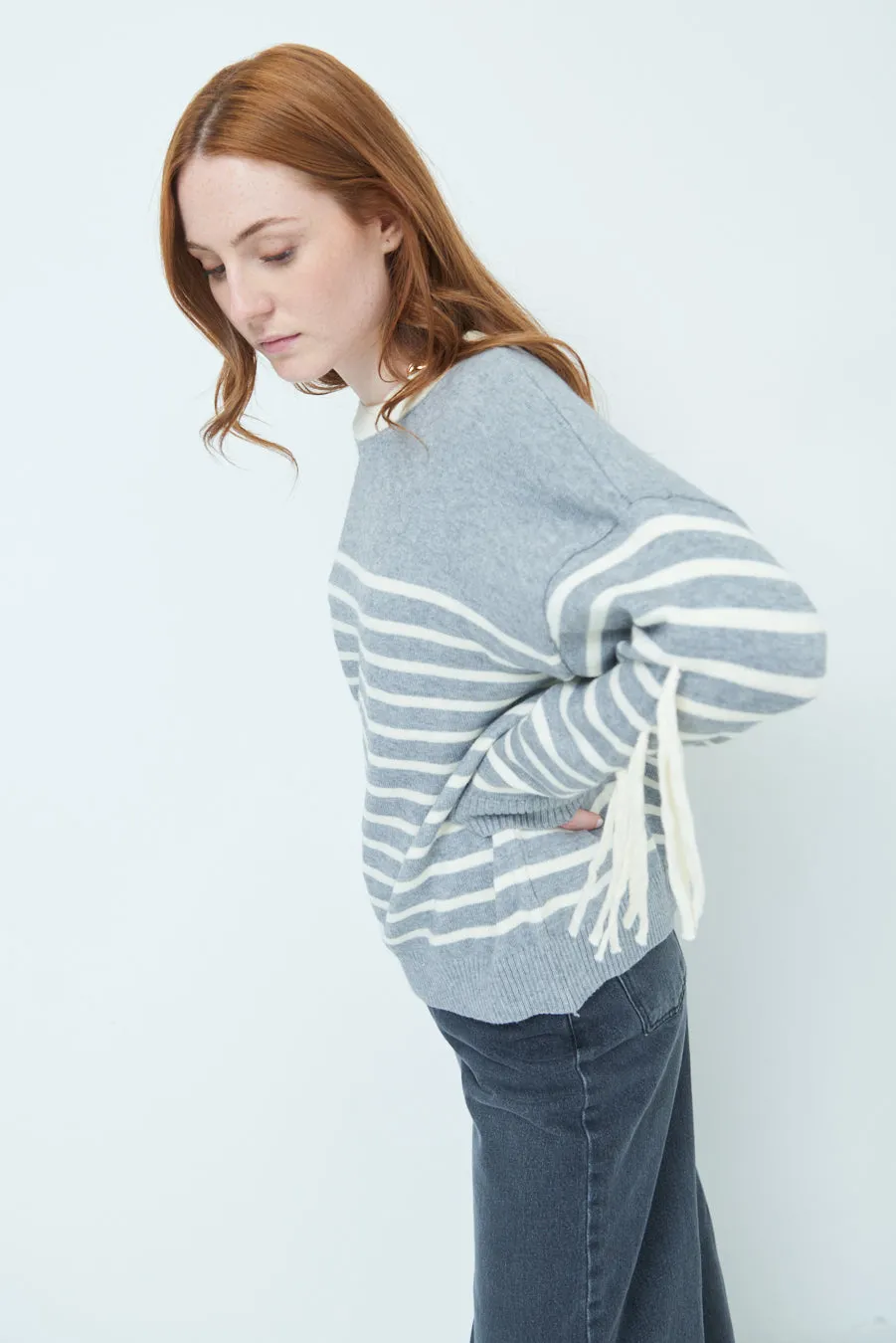 Striped fringe sleeve sweater wholesale