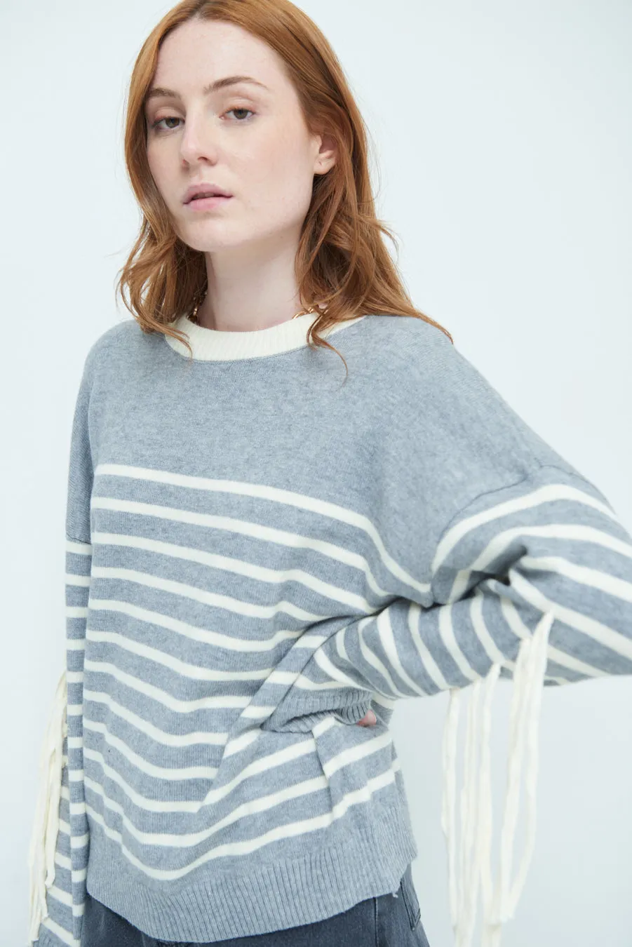 Striped fringe sleeve sweater wholesale