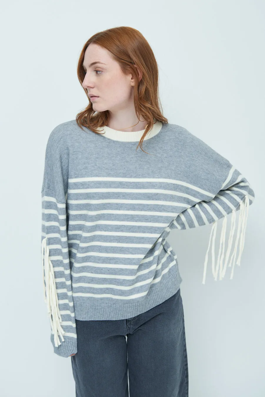 Striped fringe sleeve sweater wholesale