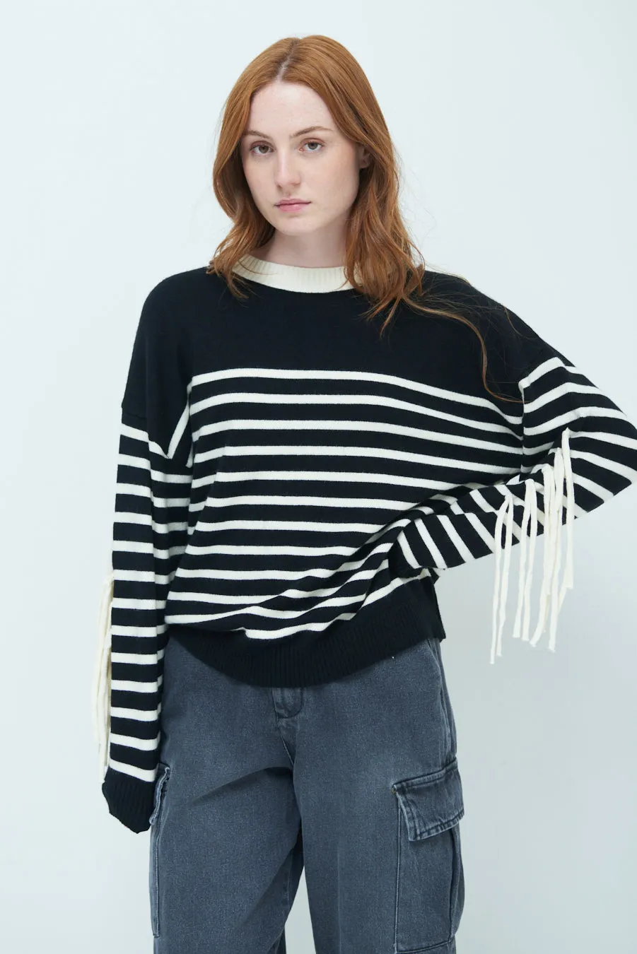 Striped fringe sleeve sweater wholesale